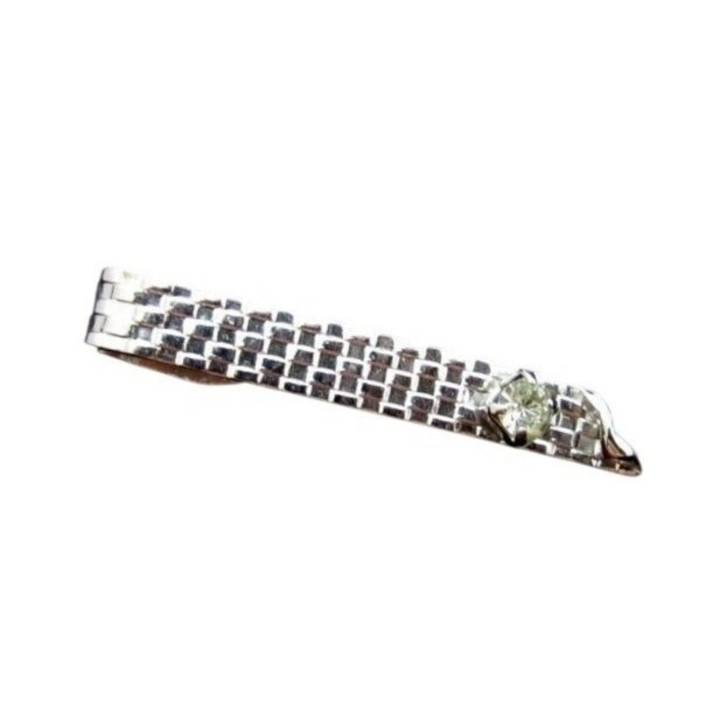 Vintage Clear Rhinestone Silver Plated‎ Textured Tie Clip*Signed Jewelry